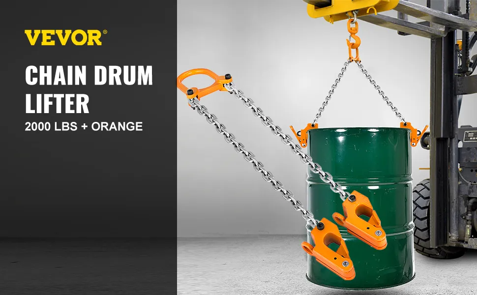 VEVOR drum lifter lifting green drum with orange chain clamps, 2000 lbs capacity.