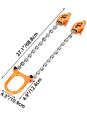 VEVOR drum lifter with dimensions highlighted, featuring dual chains and orange clamps.