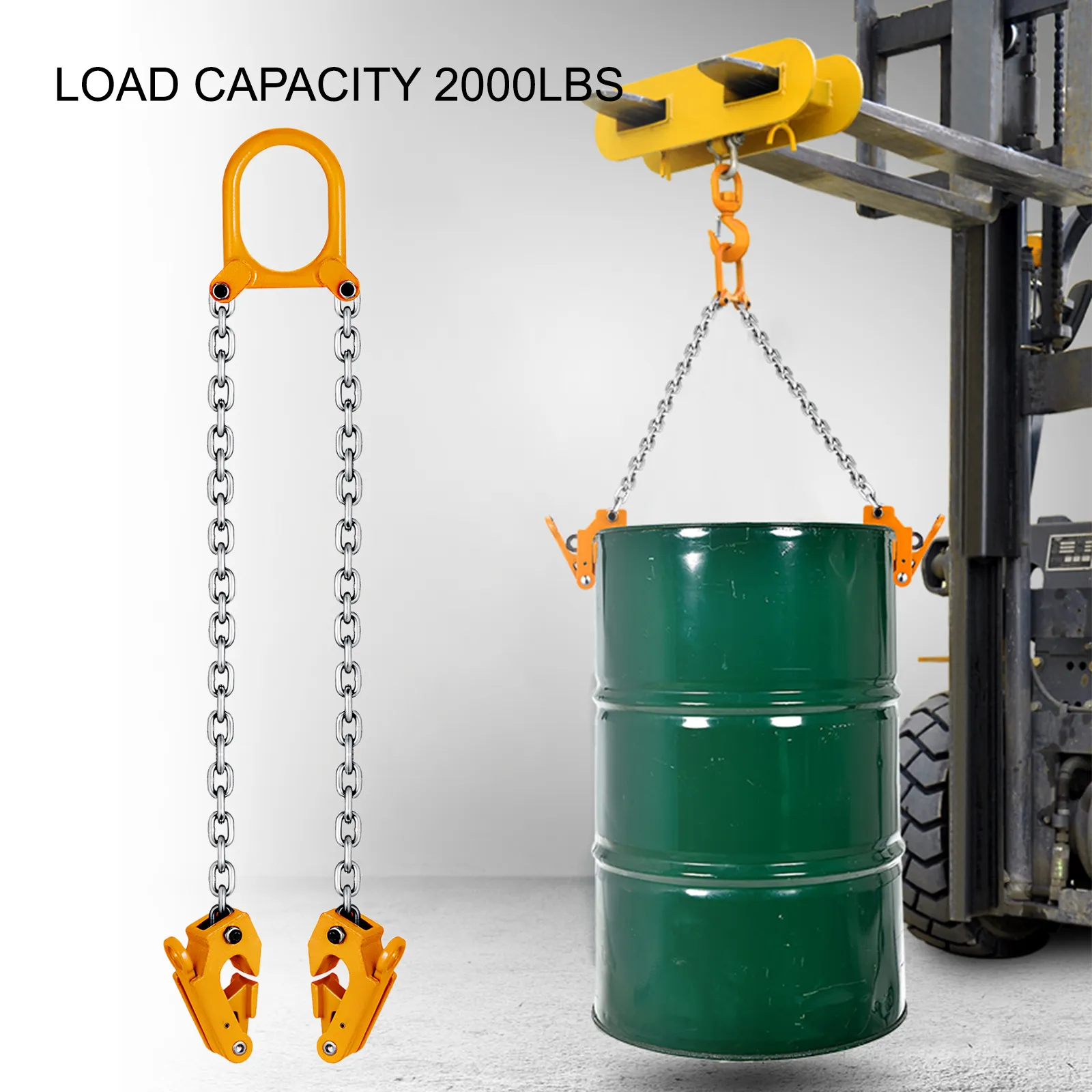 VEVOR drum lifter holding 2000lbs green barrel with forklift attachment.