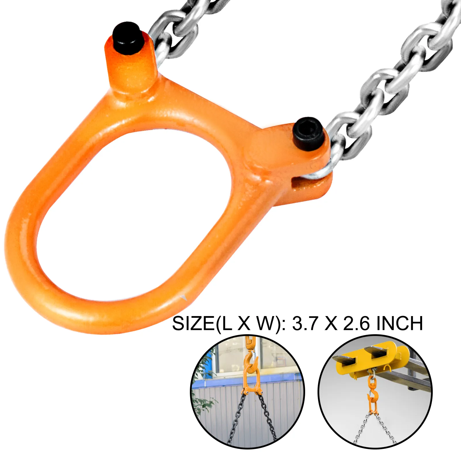 VEVOR drum lifter with orange hook and chain, size 3.7 x 2.6 inches.