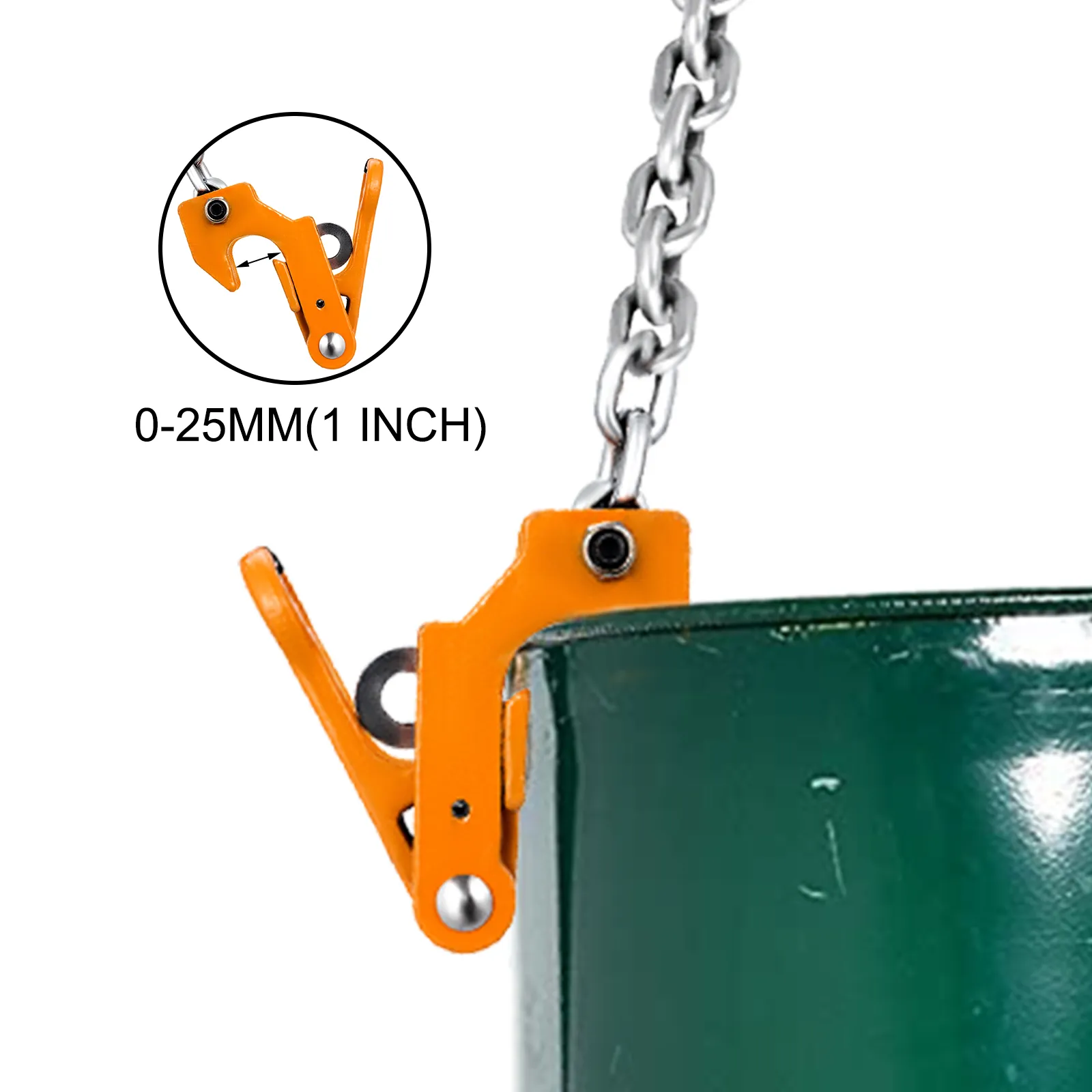 VEVOR drum lifter with chain lifting a green barrel, close-up of the orange clamp.