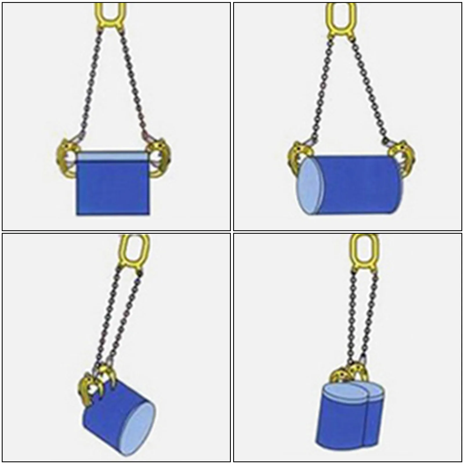 VEVOR drum lifter hoisting blue cylinders in various positions with chains and hooks.