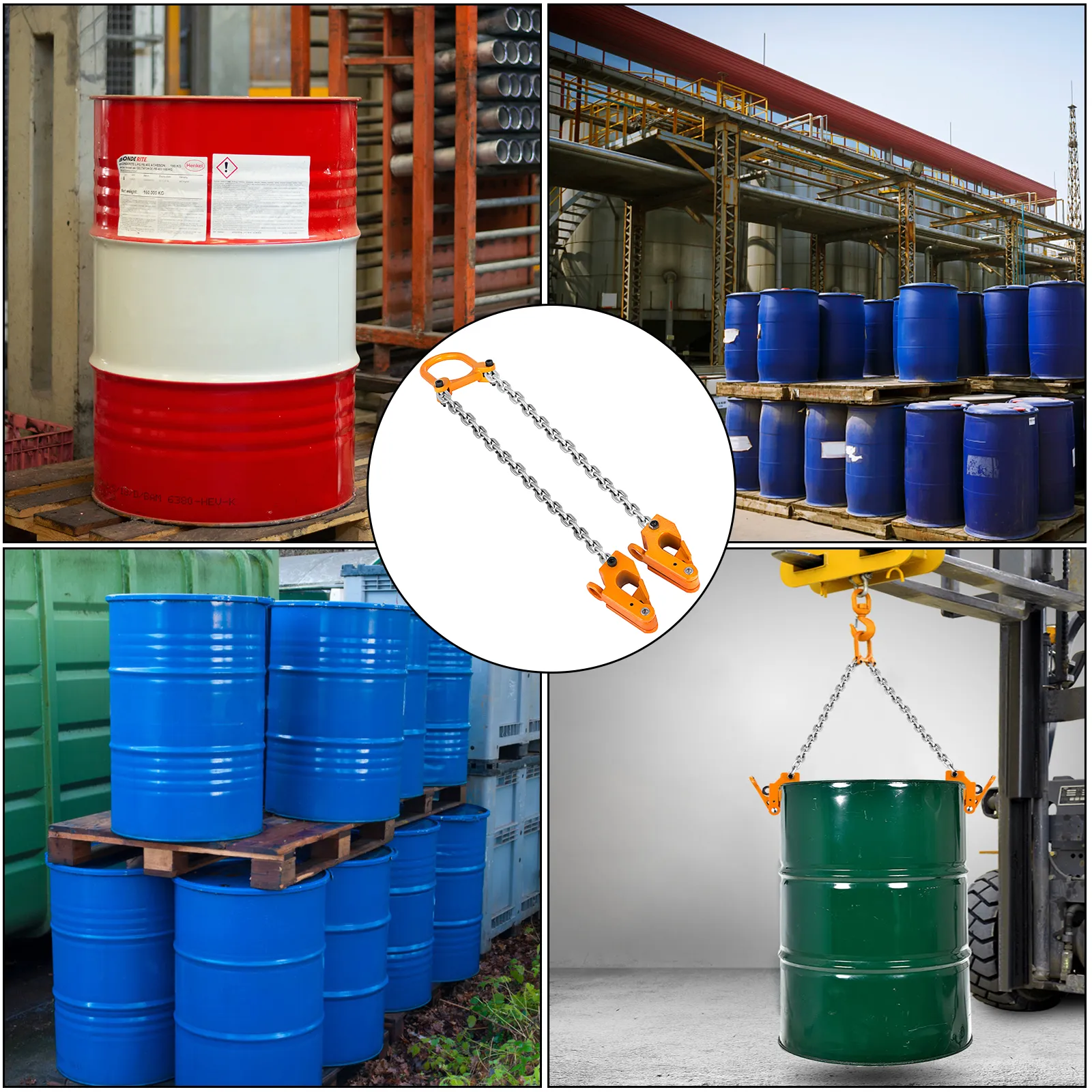VEVOR drum lifter lifting a green drum, with red, and blue drums in various industrial settings.