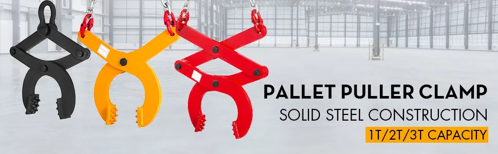 VEVOR pallet puller clamp in black, orange, and red; solid steel construction; 1t/2t/3t capacity.