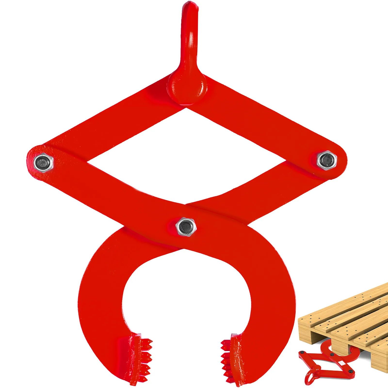 red VEVOR pallet puller with gripping teeth and a wooden pallet in the background.