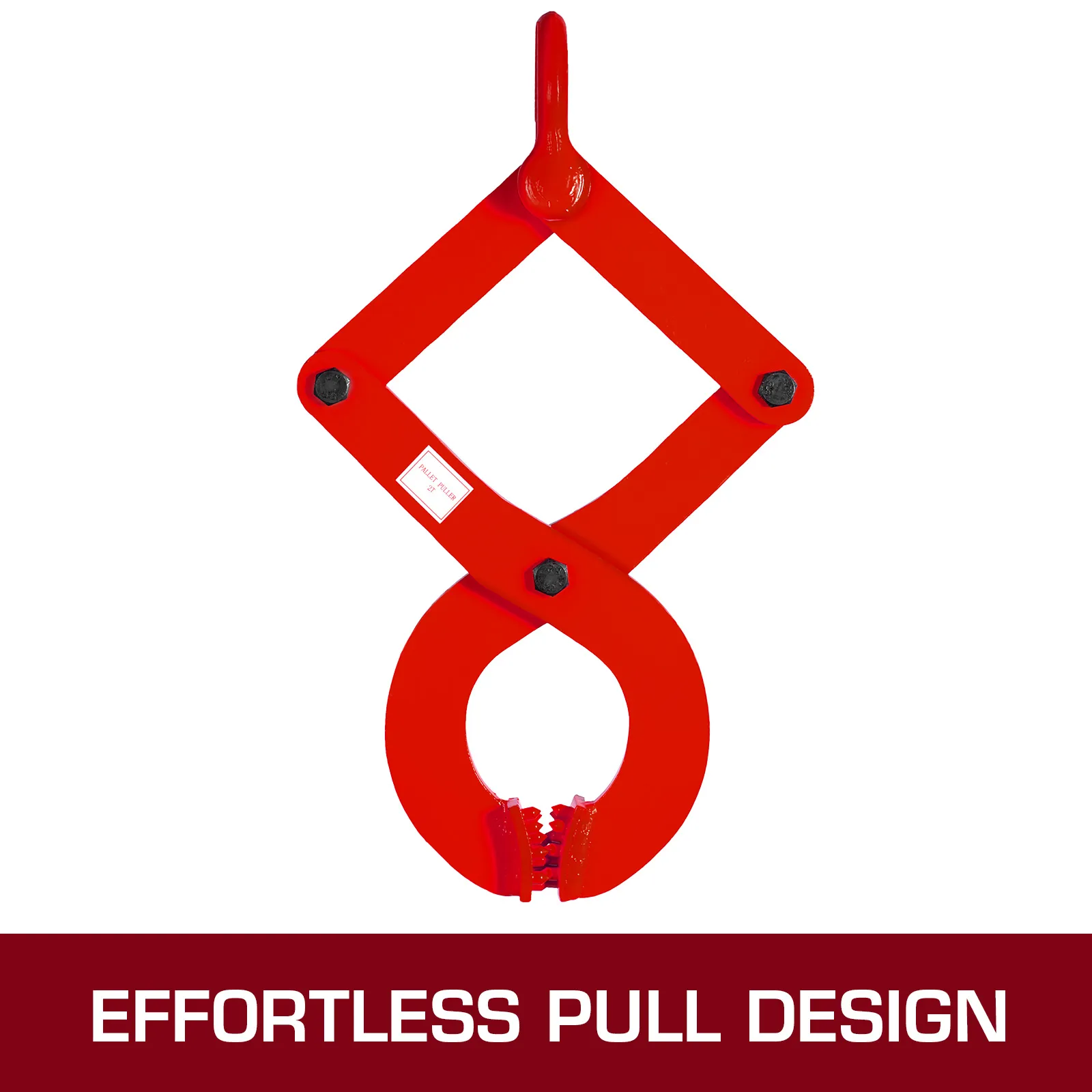 red VEVOR pallet puller with clamp mechanism and "effortless pull design" text.