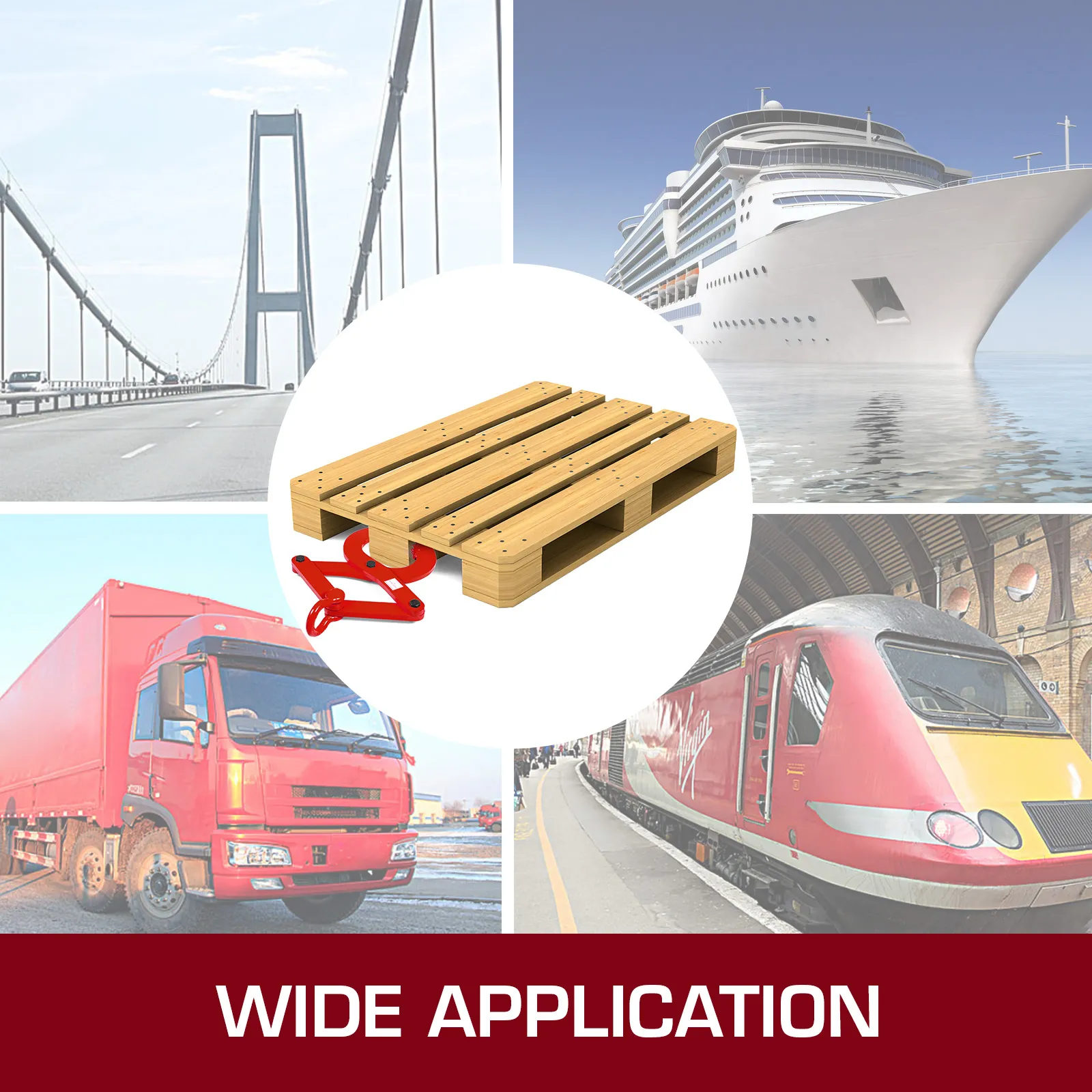 VEVOR pallet puller for wide applications in transportation: truck, ship, train, bridge.