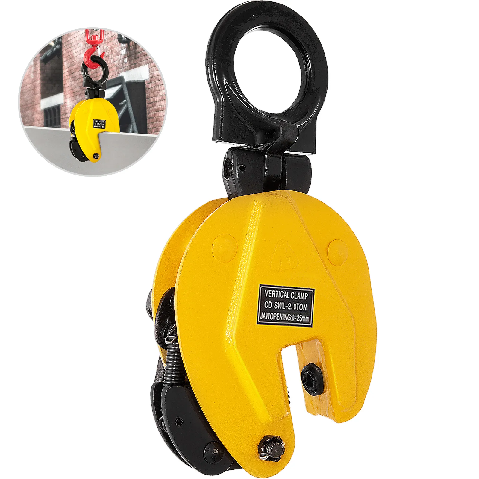 yellow VEVOR plate lifting clamp with black hook for safe vertical lifting