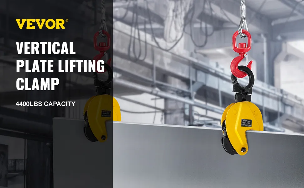 VEVOR plate lifting clamp lifting metal sheet in industrial warehouse, 4400lbs capacity.