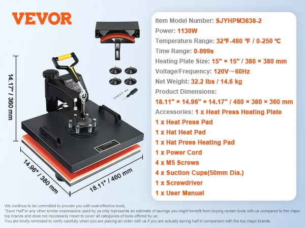 Máquina de prensado térmico VEVOR con dimensiones y especificaciones detalladas mostradas.