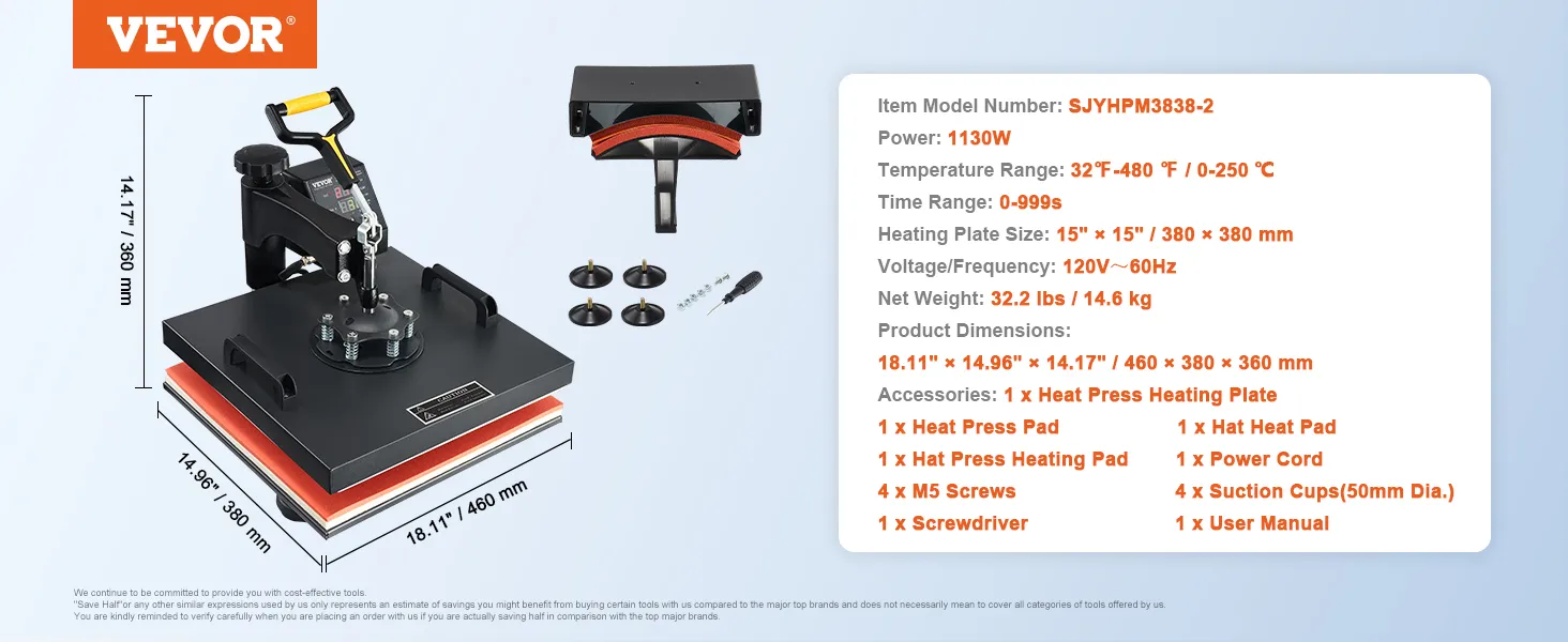 Máquina de prensado térmico VEVOR con dimensiones y especificaciones detalladas mostradas.