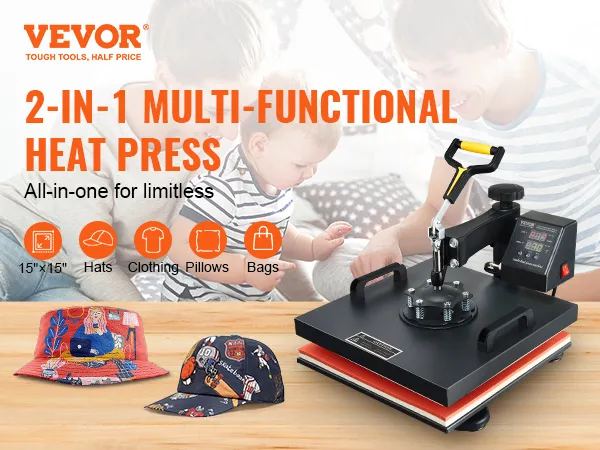 Máquina de prensado térmico VEVOR, 2 en 1 para sombreros, ropa, almohadas y bolsos, 15 x 15 pulgadas.