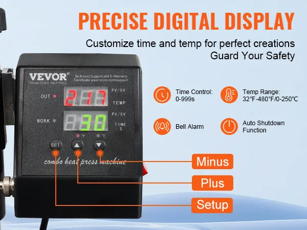 Máquina de prensado térmico VEVOR con pantalla digital precisa y configuraciones personalizables.