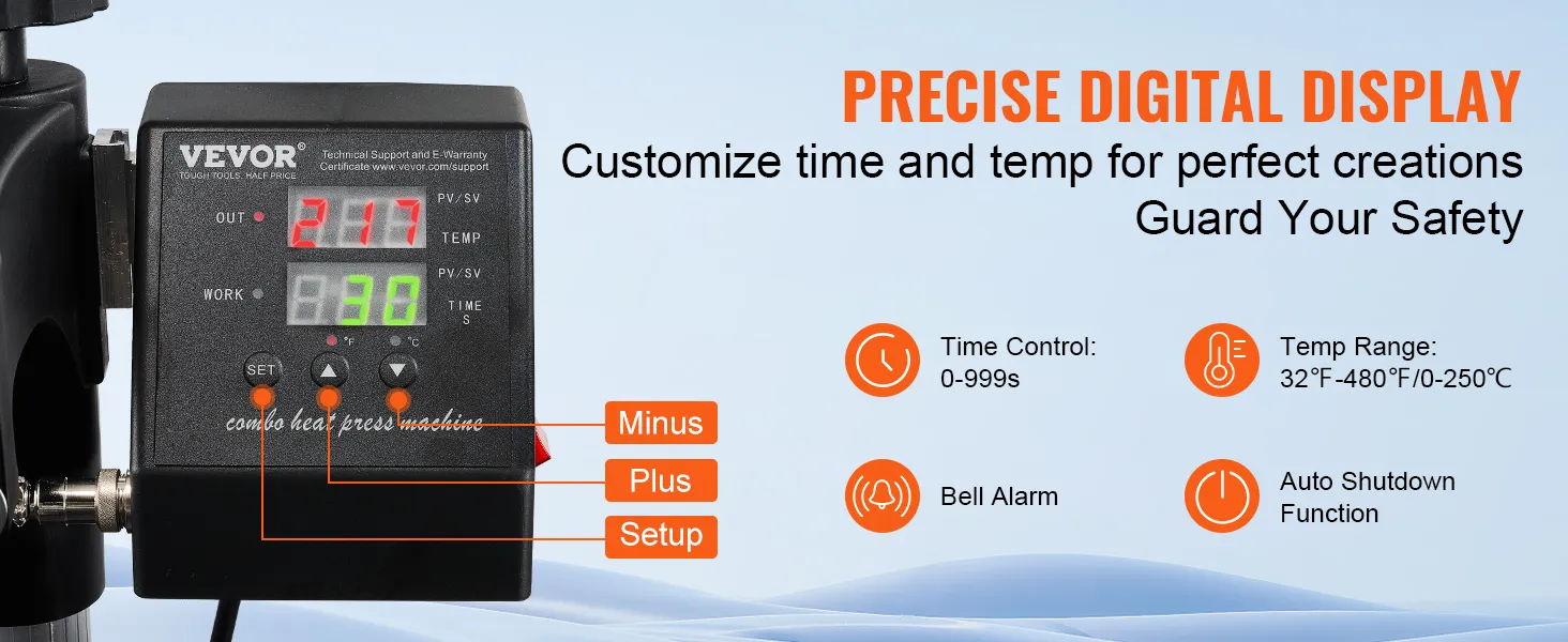 Máquina de prensado térmico VEVOR con pantalla digital precisa y configuraciones personalizables.