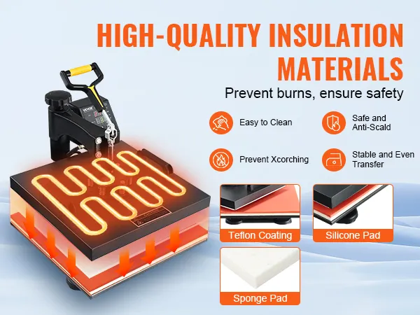 Máquina de prensado térmico VEVOR con almohadillas de teflón, silicona y esponja para mayor seguridad.