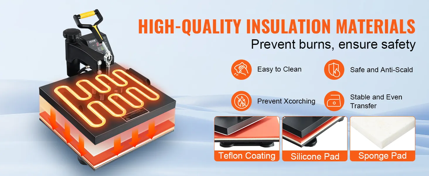 Máquina de prensado térmico VEVOR con almohadillas de teflón, silicona y esponja para mayor seguridad.