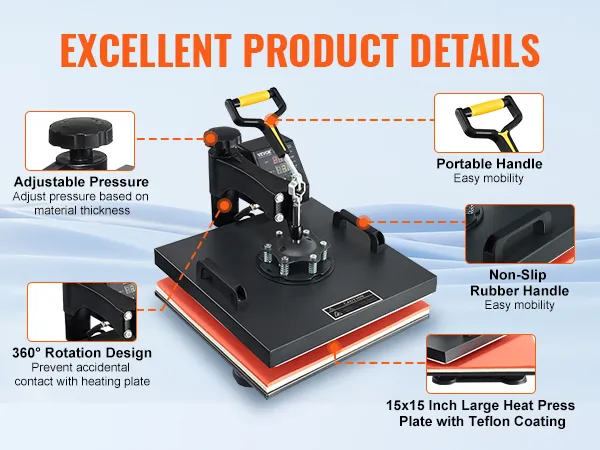 Máquina de prensado térmico VEVOR con presión ajustable, rotación de 360° y asas antideslizantes.