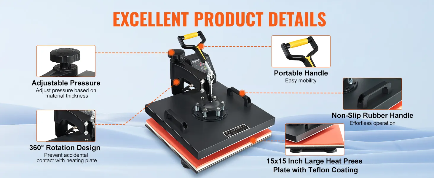 Máquina de prensado térmico VEVOR con presión ajustable, rotación de 360° y asas antideslizantes.