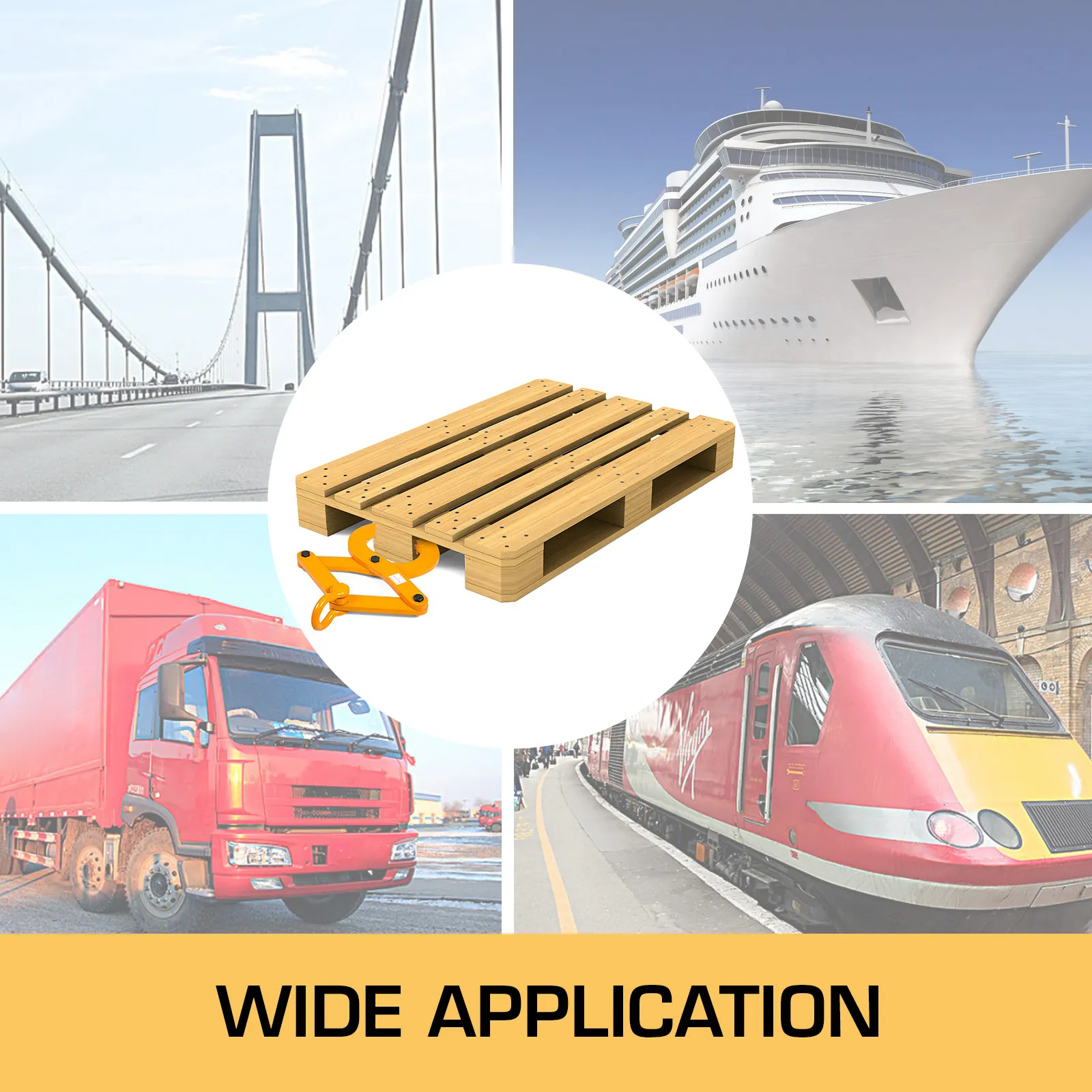 VEVOR pallet puller used for trucks, trains, ships, and bridges highlighting wide application.