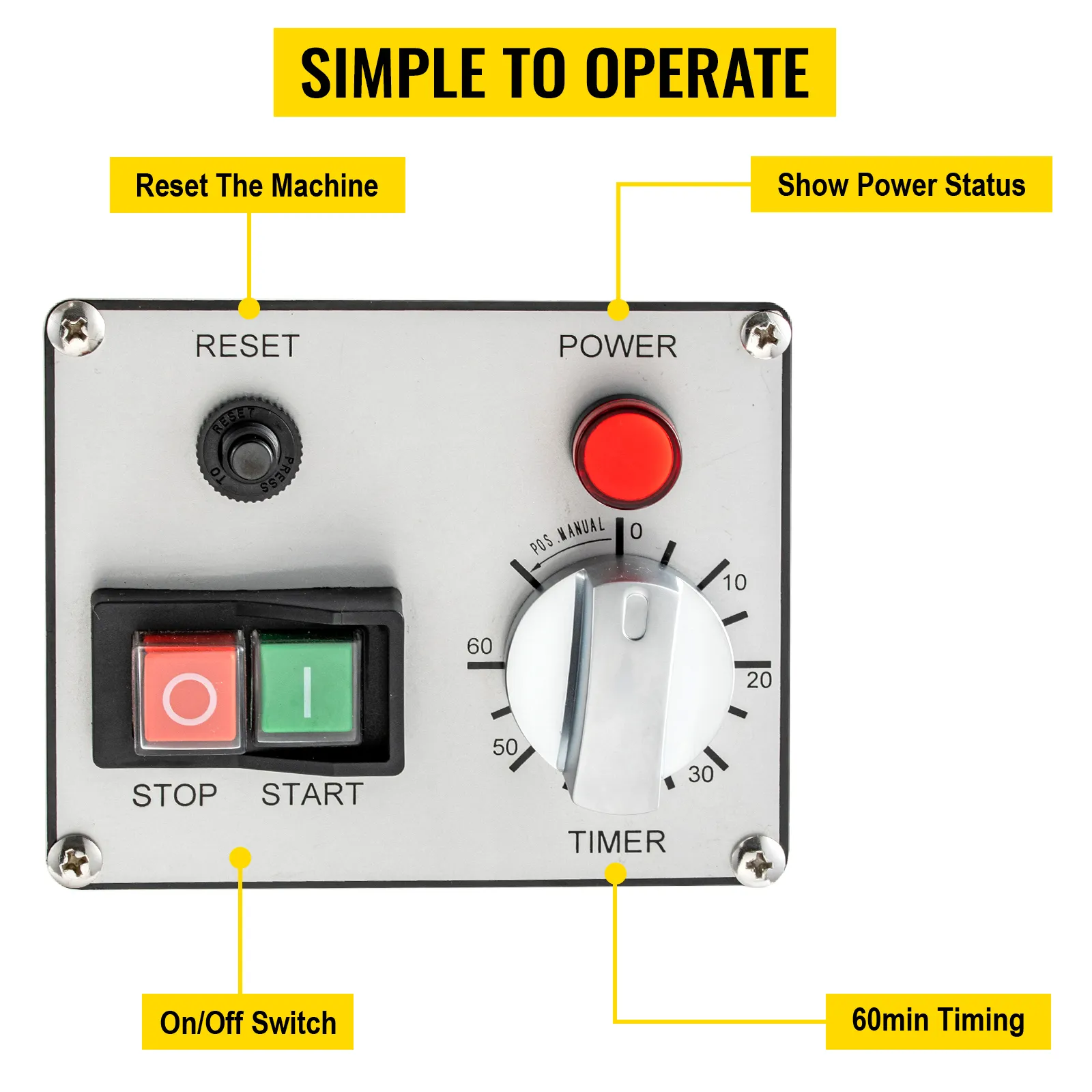 Panel de control de batidora de alimentos comercial VEVOR con configuraciones de reinicio, encendido y temporizador.