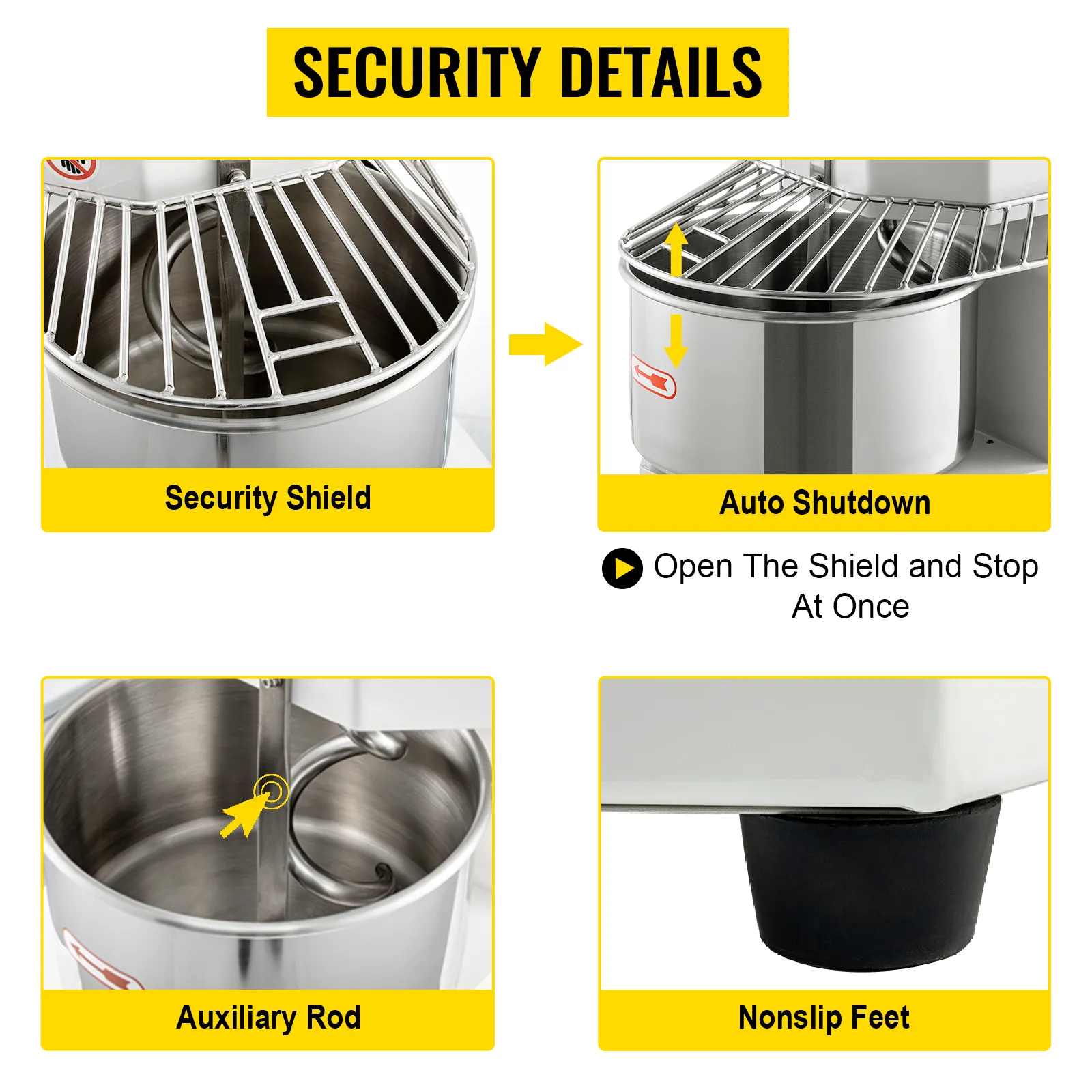 Detalles de seguridad de la batidora de alimentos comercial VEVOR: escudo, apagado automático, varilla, patas antideslizantes.