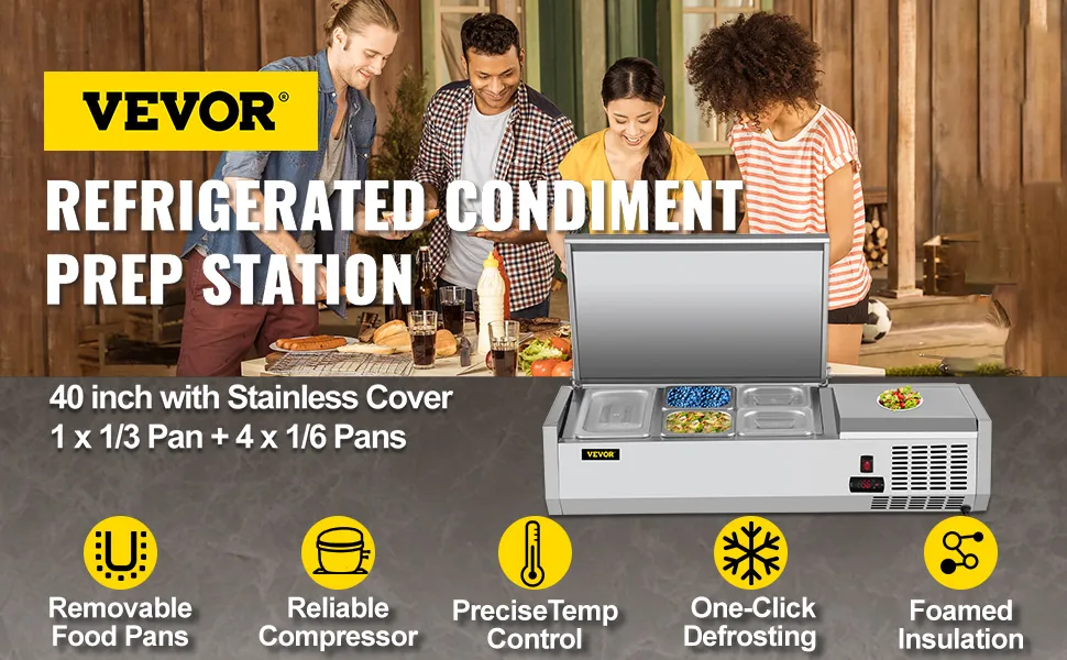 VEVOR refrigerated condiment prep station with 1/3 and 1/6 pans, stainless cover, and precise temp control.