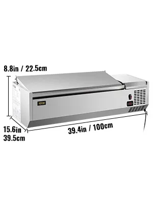 VEVOR refrigerated prep station with stainless steel body, measurements annotated on sides.