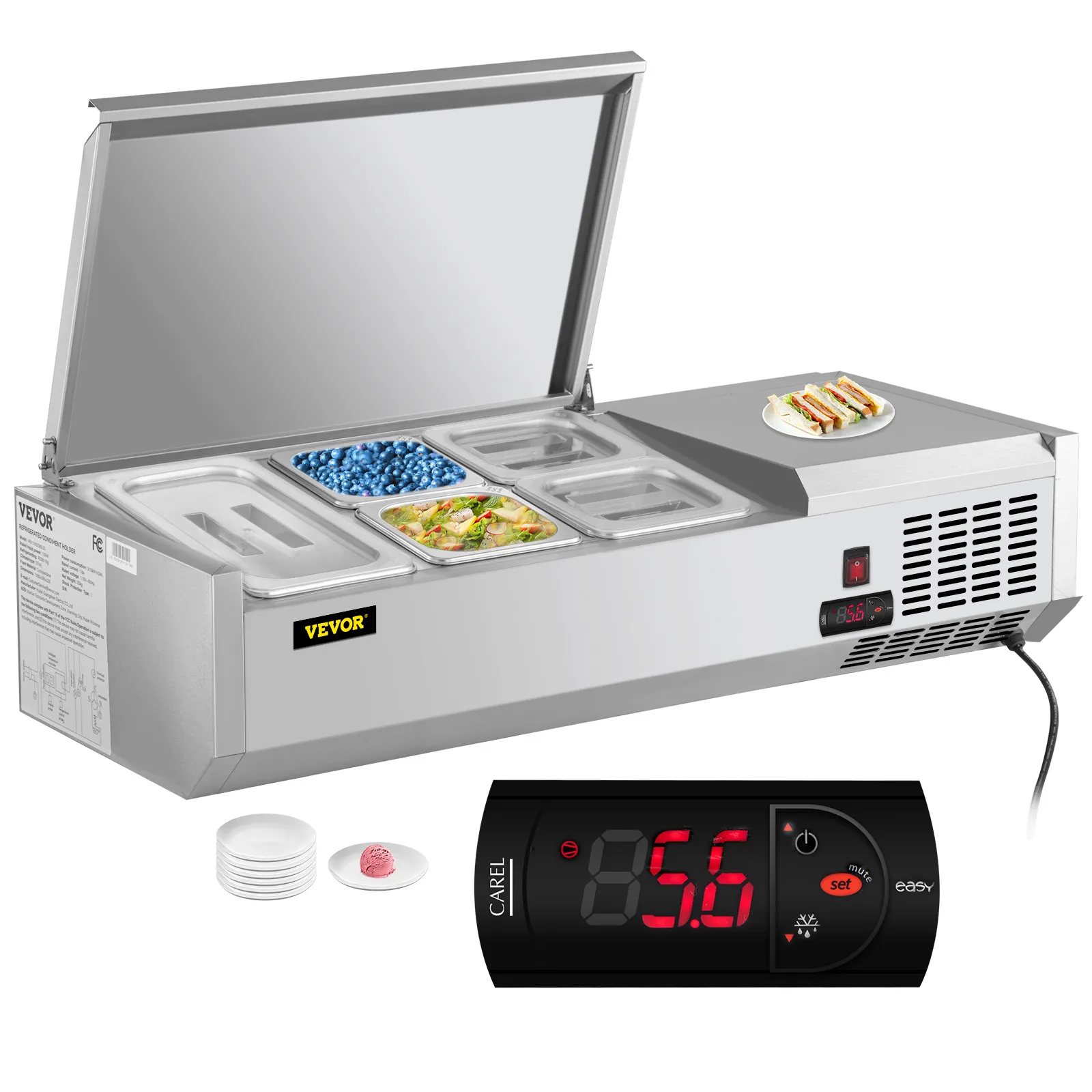 VEVOR refrigerated prep station with stainless steel build, clear lid, food trays, and digital temperature display.
