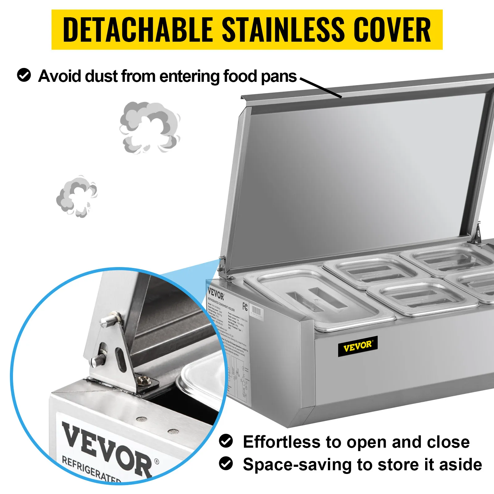 VEVOR refrigerated prep station with detachable stainless cover, avoiding dust entering food pans. effortless to open and close
