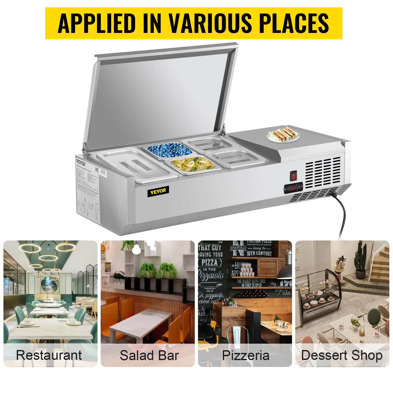 VEVOR refrigerated prep station with food containers, used in restaurants, salad bars, pizzerias, dessert shops.