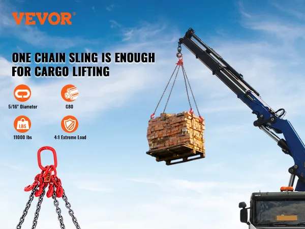 Eslinga de cadena VEVOR para elevación de carga con especificaciones: 11 000 lb, diámetro de 5/16", grado g80, carga extrema 4:1.