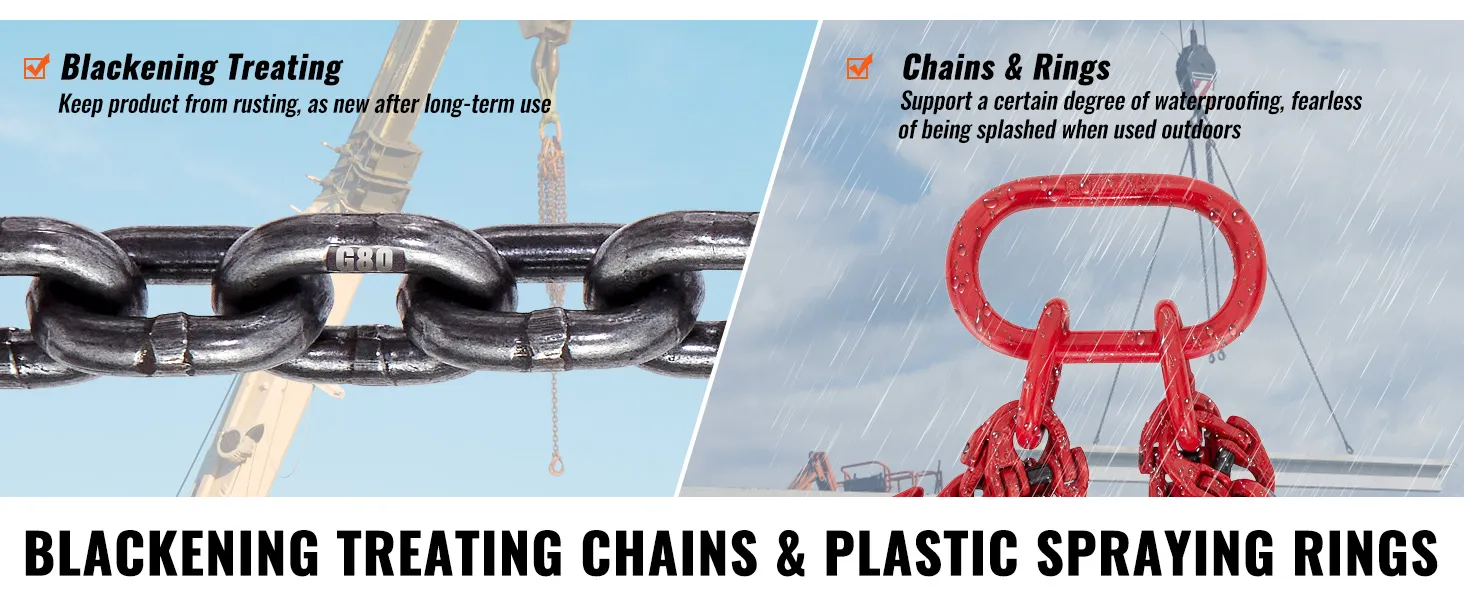 Cadenas g80 ennegrecidas y anillos plastificados utilizados en grúas, resistentes al óxido y al agua para exteriores. Eslinga de cadena VEVOR.