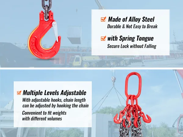 Eslinga de cadena VEVOR con ganchos de acero de aleación roja, lengüeta de resorte para bloqueo seguro y niveles ajustables.
