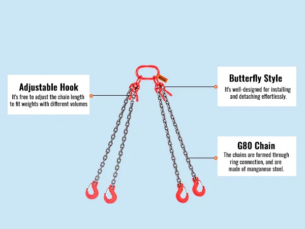Eslinga de cadena VEVOR con gancho ajustable, cadena g80 y conectores estilo mariposa rojos sobre fondo azul.