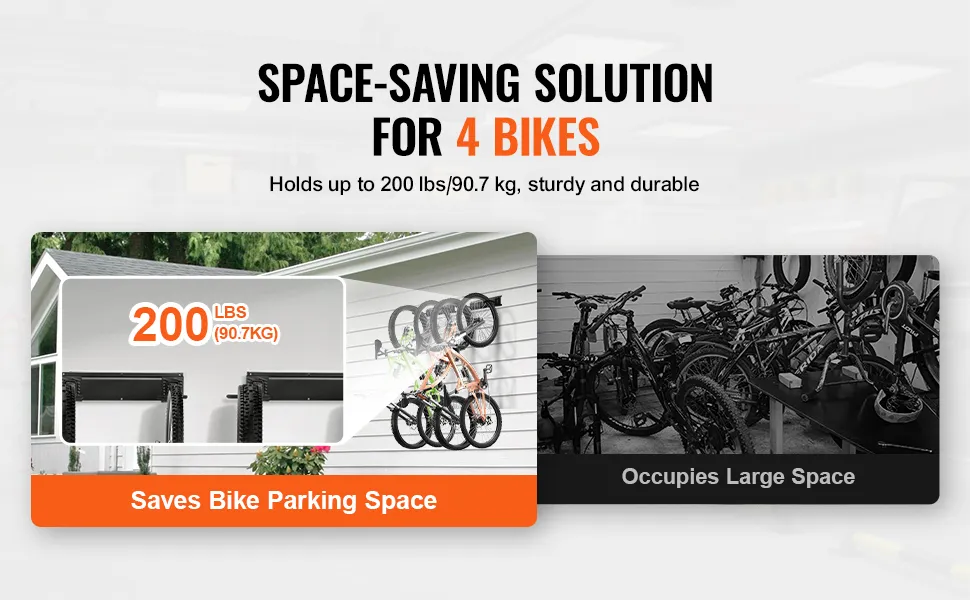 VEVOR bike storage rack holds up to 200 lbs, saves bike parking space, space-saving solution for 4 bikes.