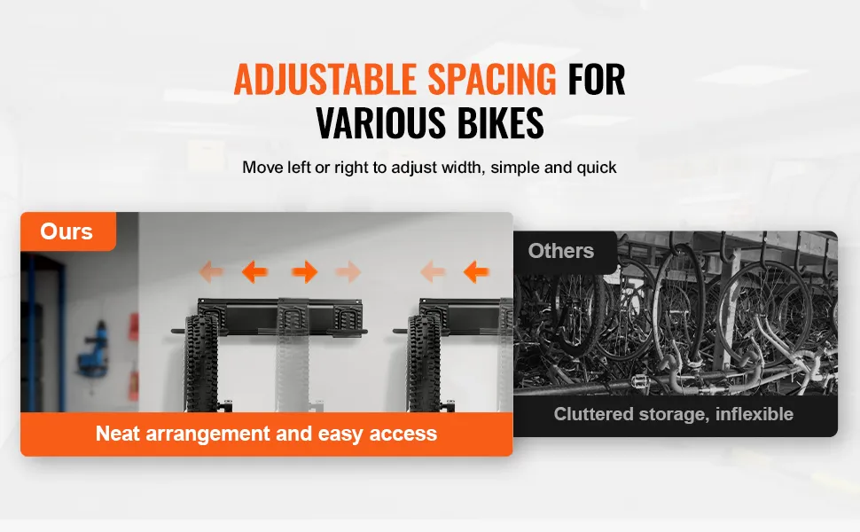 adjustable VEVOR bike storage rack with neat arrangement vs cluttered bike storage.