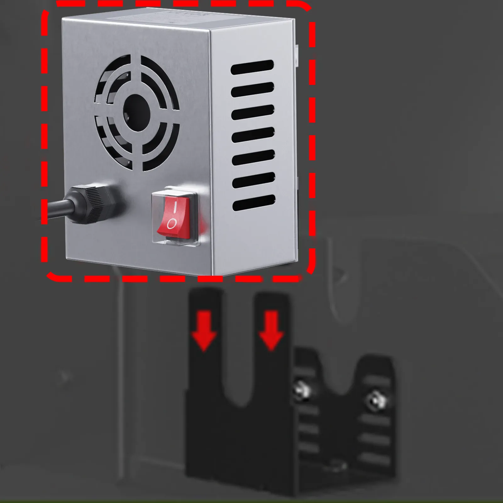 VEVOR-Grill-Drehspieß-Set-Motor mit rotem Schalter, auf einer schwarzen Halterung montiert.