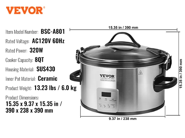 VEVOR slow cooker model bsc-a801 with 8qt capacity, 320w power, and ceramic pot, measuring 15.35x9.37 in.