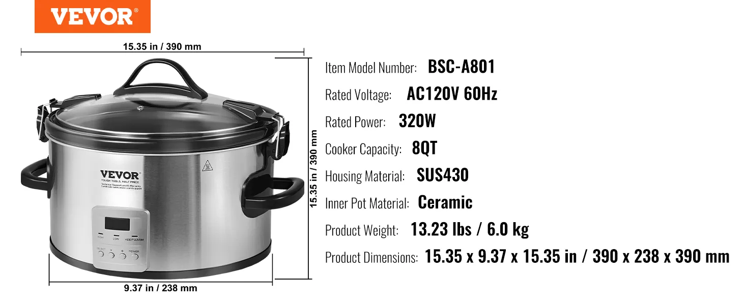VEVOR slow cooker model bsc-a801 with 8qt capacity, 320w power, and ceramic pot, measuring 15.35x9.37 in.