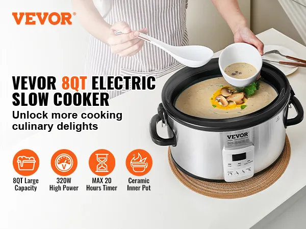 VEVOR 8qt electric slow cooker with 320w power, ceramic pot, and soup being served.