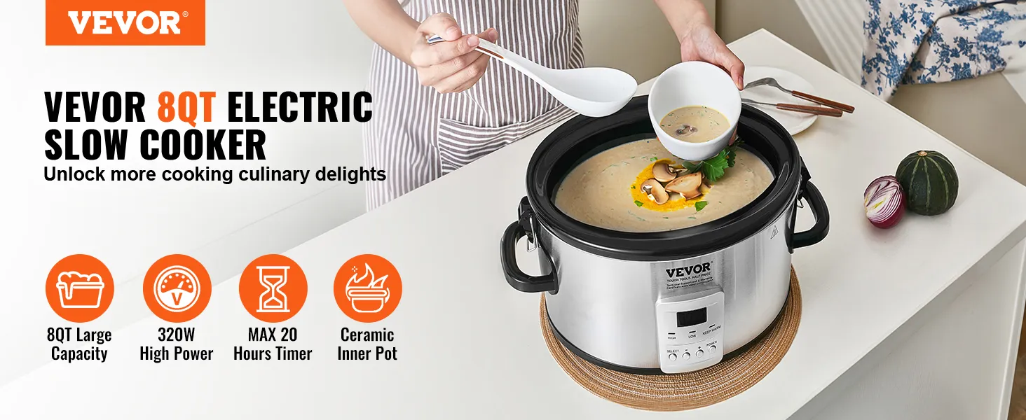 VEVOR 8qt electric slow cooker with 320w power, ceramic pot, and soup being served.