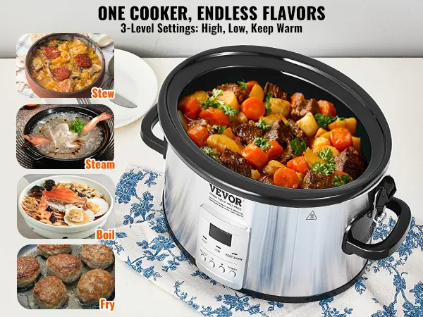VEVOR slow cooker with stew, steam, boil, and fry settings; vibrant dish on display.