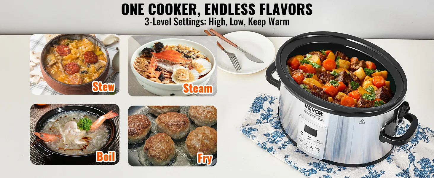 VEVOR slow cooker with stew, steam, boil, and fry settings; vibrant dish on display.