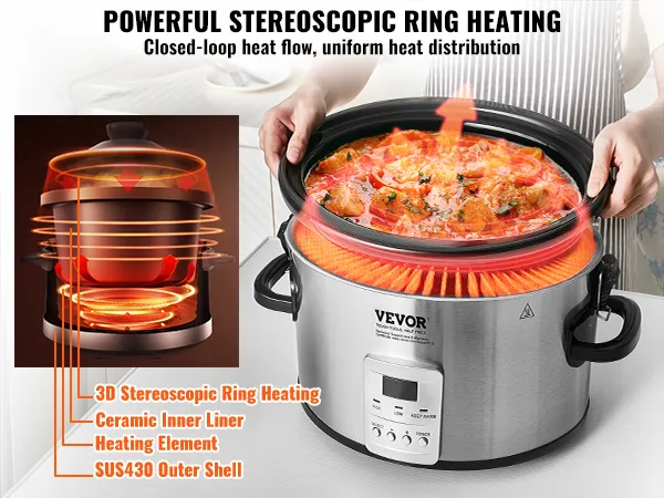 VEVOR slow cooker with 3d stereoscopic ring heating, ceramic liner, and sus430 outer shell.