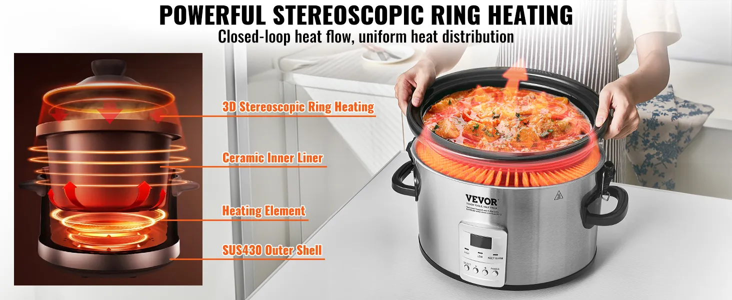 VEVOR slow cooker with 3d stereoscopic ring heating, ceramic liner, and sus430 outer shell.