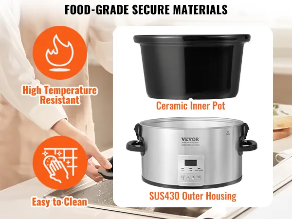 food-grade VEVOR slow cooker with ceramic inner pot and sus430 outer housing, easy to clean.