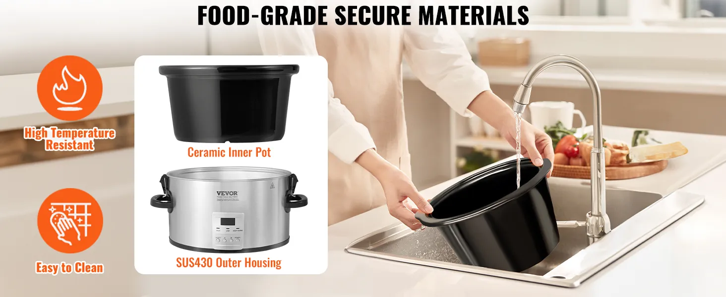 food-grade VEVOR slow cooker with ceramic inner pot and sus430 outer housing, easy to clean.