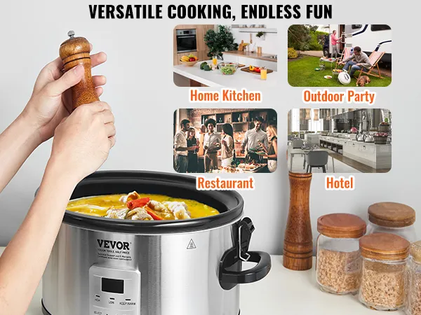 hands seasoning food in VEVOR slow cooker with text showing home kitchen, outdoor party, restaurant, hotel.