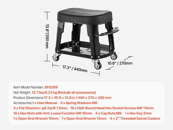 VEVOR Work Stool With Wheels – 360° Swivel with Tool Tray