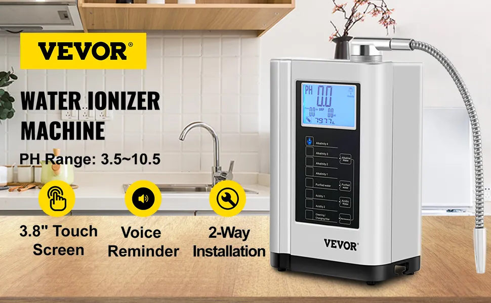 Máquina ionizadora de agua VEVOR con pantalla táctil y recordatorio de voz en una cocina moderna.